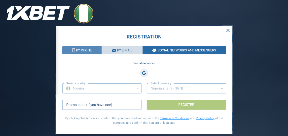 1xBet Create an account via social networks