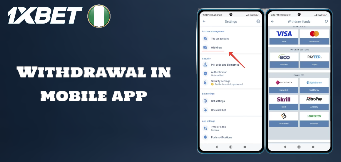 Withdrawal in 1xBet mobile app